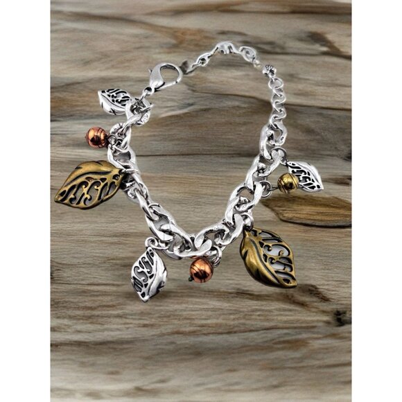 Bright Leaf Song Charm Bracelet Mixed Metals Leaves Pouch. - Picture 2 of 4